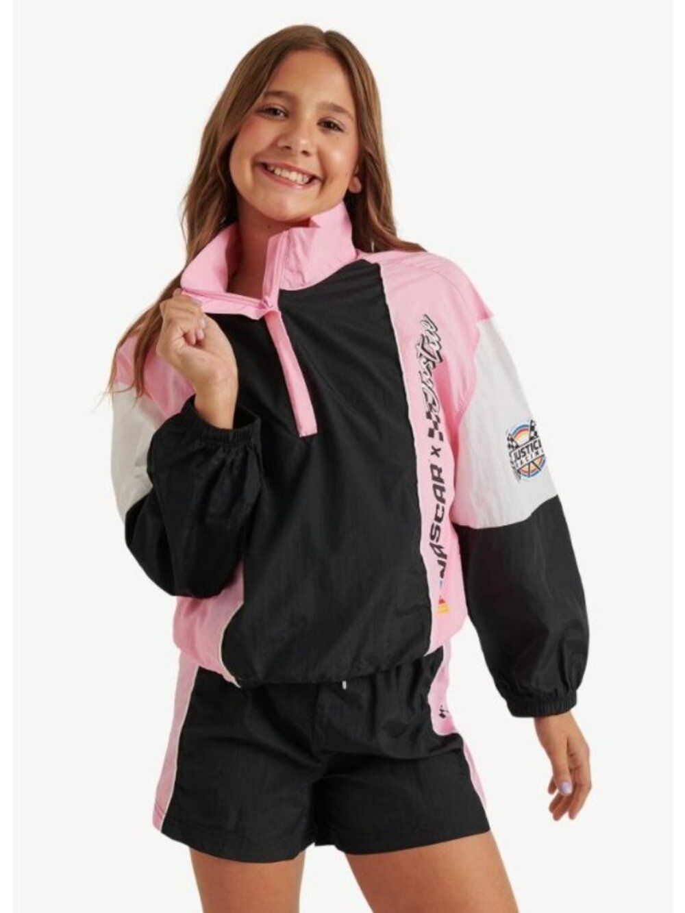 NASCAR X Justice Girls Pink Black White Racing Windbreaker Jacket L 12-14